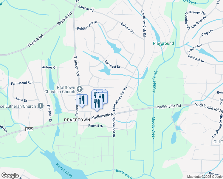 map of restaurants, bars, coffee shops, grocery stores, and more near 4520 Peter Pfaff Drive in Pfafftown