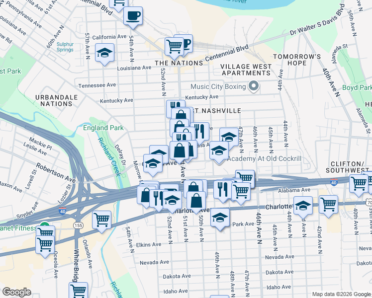 map of restaurants, bars, coffee shops, grocery stores, and more near 708 51st Avenue North in Nashville