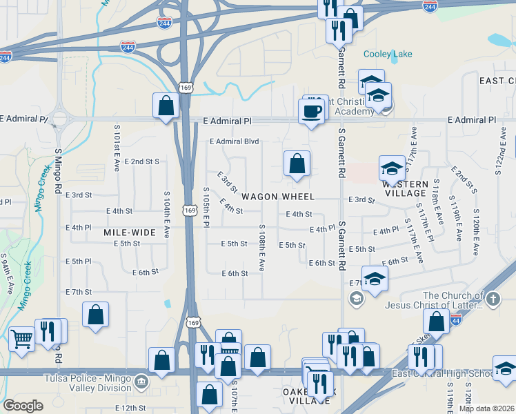 map of restaurants, bars, coffee shops, grocery stores, and more near 403 South 108th East Avenue in Tulsa