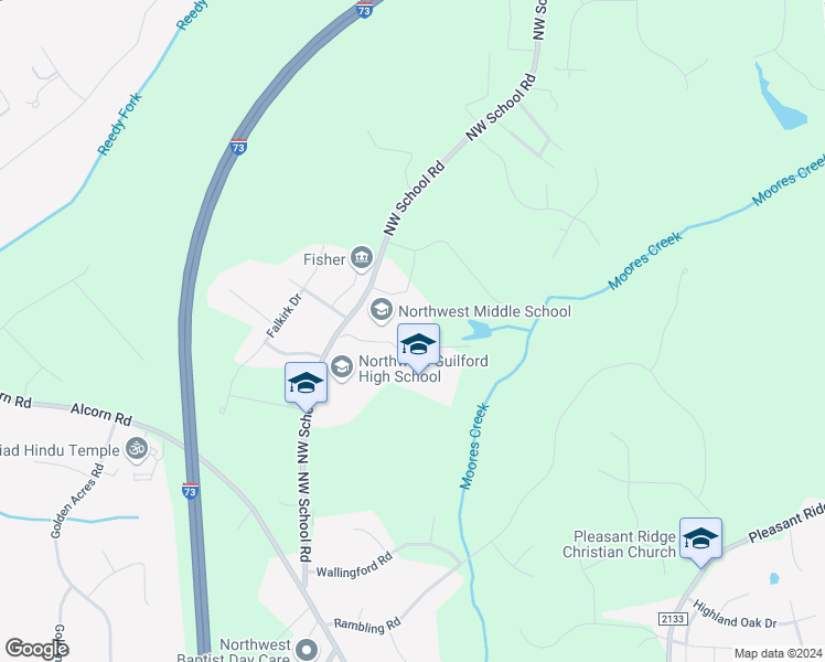 map of restaurants, bars, coffee shops, grocery stores, and more near 5300 Northwest School Road in Greensboro