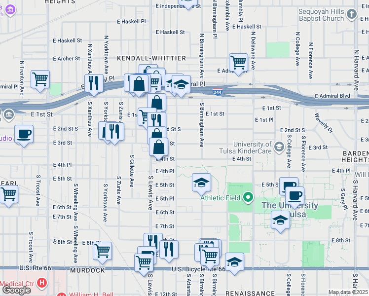 map of restaurants, bars, coffee shops, grocery stores, and more near 2516 East 3rd Street in Tulsa