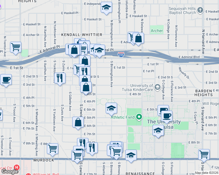 map of restaurants, bars, coffee shops, grocery stores, and more near 2544 East 3rd Street in Tulsa