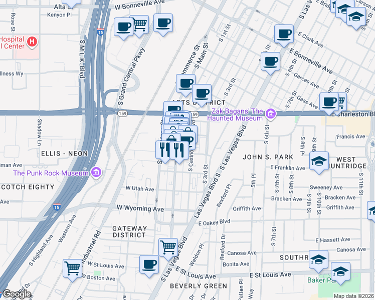 map of restaurants, bars, coffee shops, grocery stores, and more near 1321 South Main Street in Las Vegas