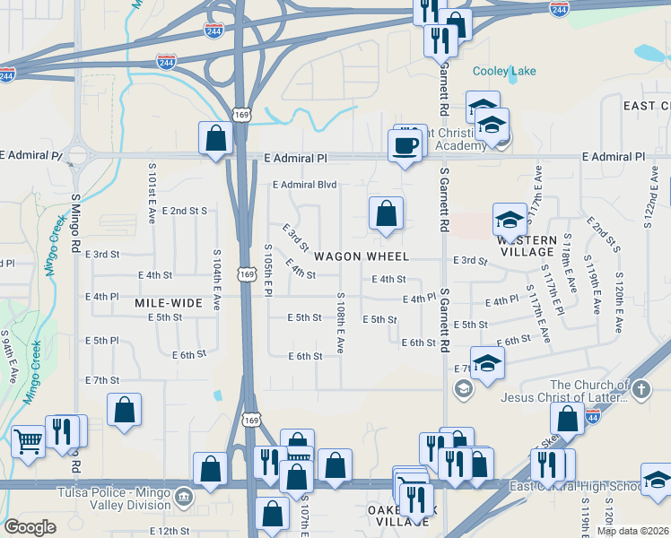 map of restaurants, bars, coffee shops, grocery stores, and more near 403 South 108th East Avenue in Tulsa