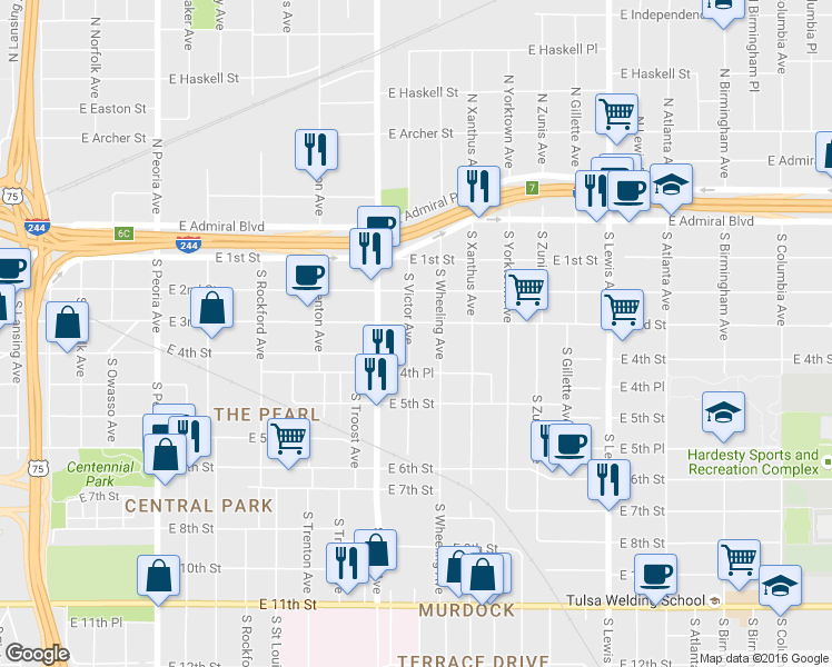 map of restaurants, bars, coffee shops, grocery stores, and more near 317 South Victor Avenue in Tulsa