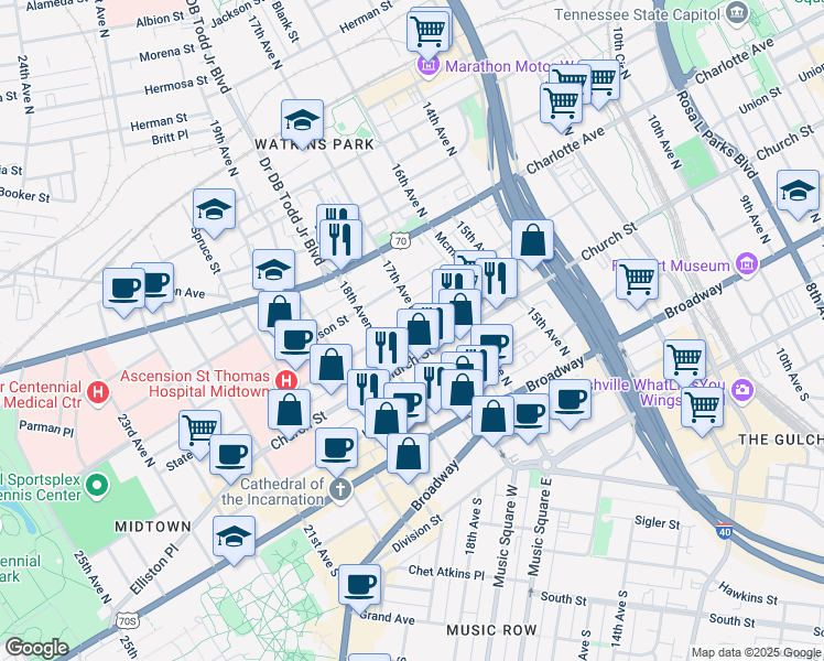 map of restaurants, bars, coffee shops, grocery stores, and more near 1713 State Street in Nashville