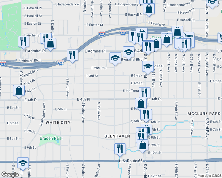 map of restaurants, bars, coffee shops, grocery stores, and more near 5928 East 4th Terrace in Tulsa