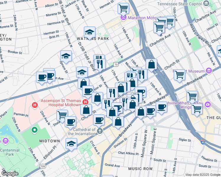 map of restaurants, bars, coffee shops, grocery stores, and more near 1700 State Street in Nashville