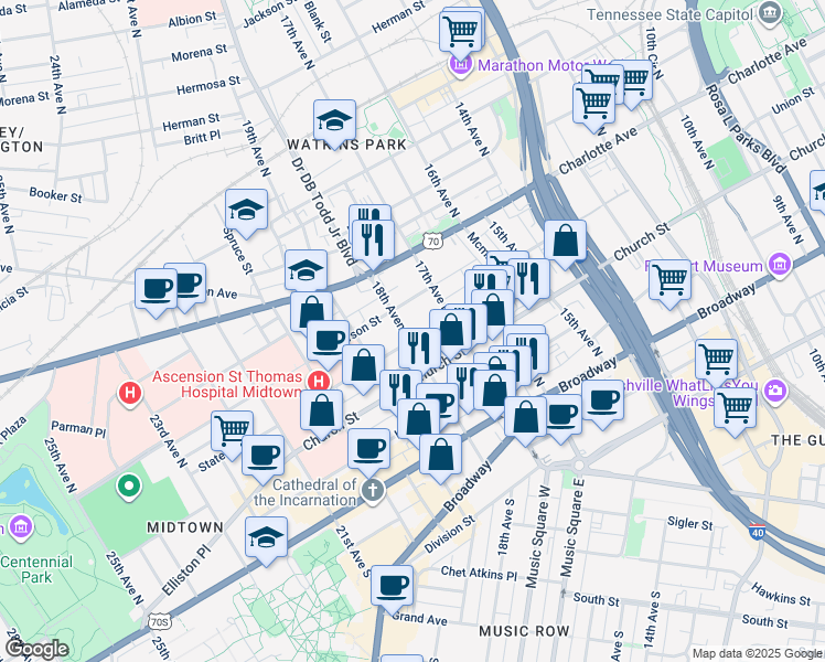 map of restaurants, bars, coffee shops, grocery stores, and more near 1700 State Street in Nashville
