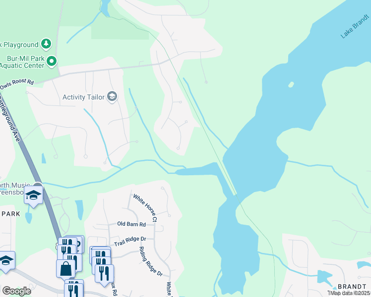 map of restaurants, bars, coffee shops, grocery stores, and more near 17 Wetherburn Way in Greensboro