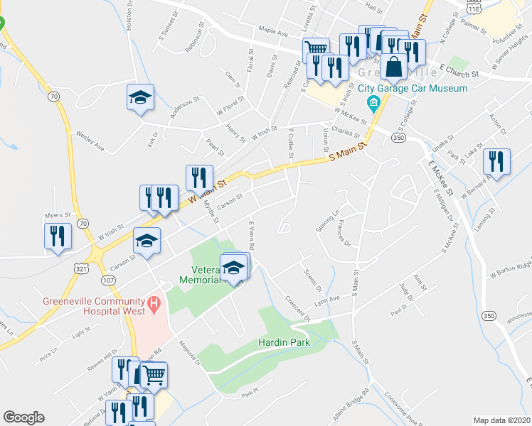 map of restaurants, bars, coffee shops, grocery stores, and more near 623 Forest Street in Greeneville