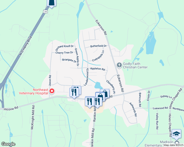 map of restaurants, bars, coffee shops, grocery stores, and more near 4105 Sunbury Drive in Greensboro