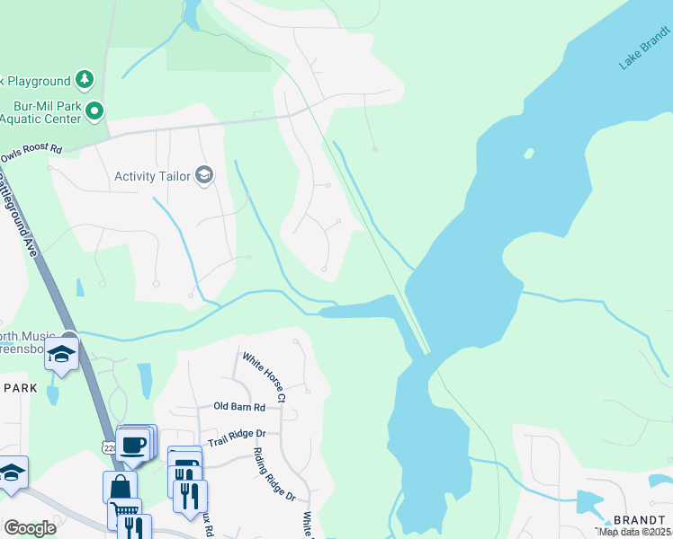 map of restaurants, bars, coffee shops, grocery stores, and more near 17 Wetherburn Way in Greensboro