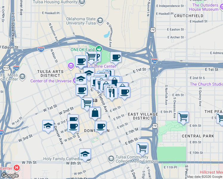map of restaurants, bars, coffee shops, grocery stores, and more near 323 East 2nd Street in Tulsa
