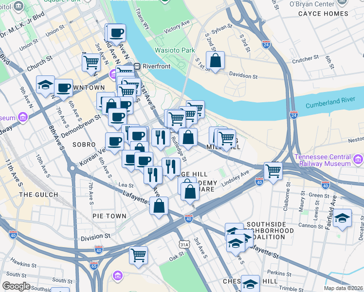 map of restaurants, bars, coffee shops, grocery stores, and more near in Nashville