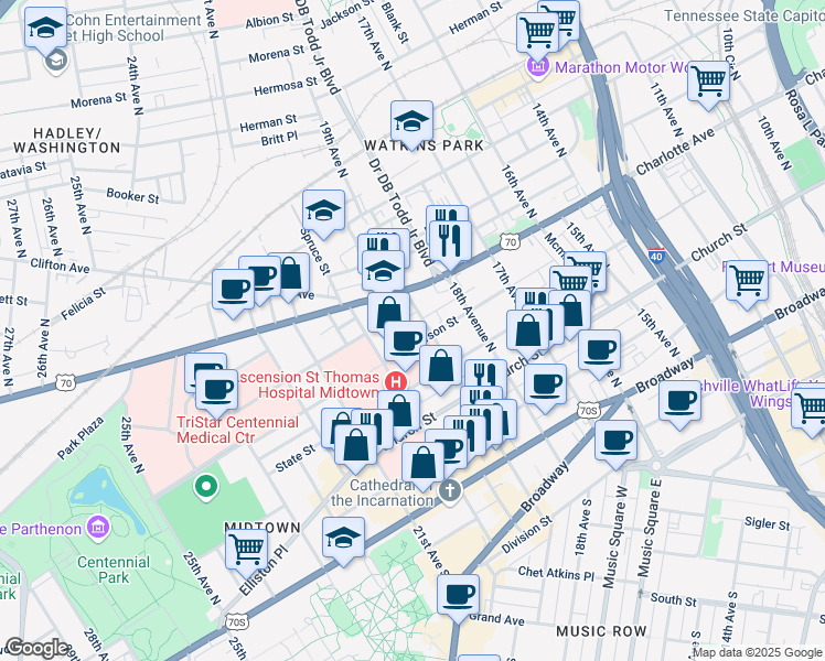 map of restaurants, bars, coffee shops, grocery stores, and more near 1904 State Street in Nashville