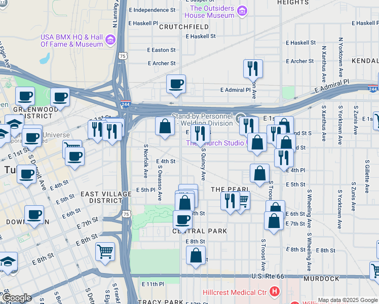 map of restaurants, bars, coffee shops, grocery stores, and more near in Tulsa