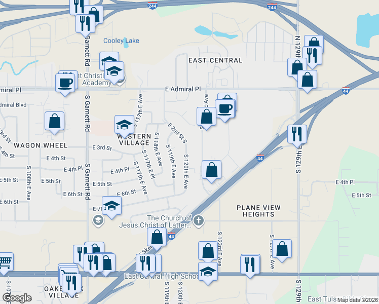 map of restaurants, bars, coffee shops, grocery stores, and more near 231 South 120th East Avenue in Tulsa