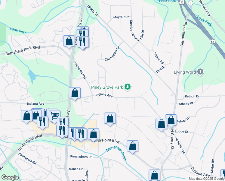 map of restaurants, bars, coffee shops, grocery stores, and more near Mitchell Drive in Winston-Salem