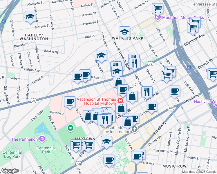 map of restaurants, bars, coffee shops, grocery stores, and more near 2000 Murphy Avenue in Nashville