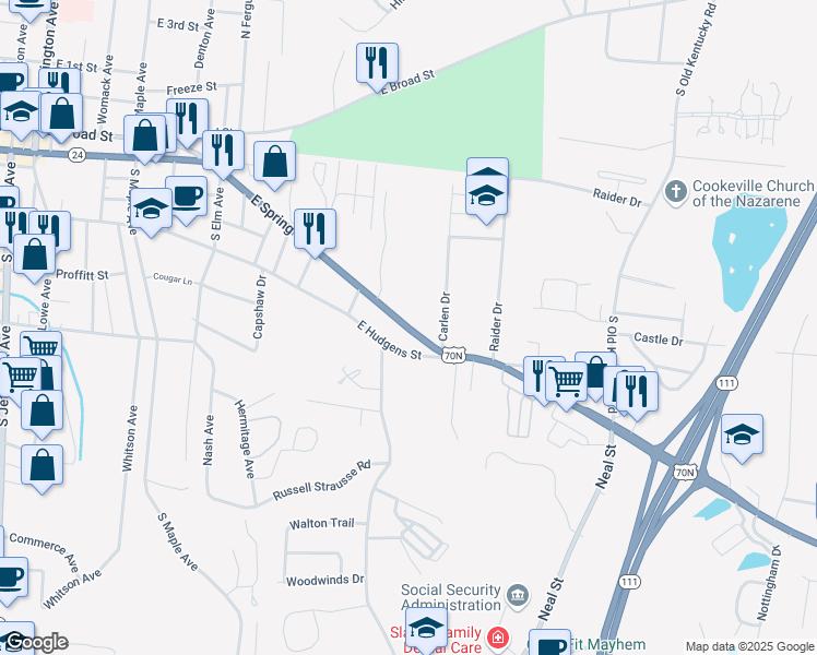 map of restaurants, bars, coffee shops, grocery stores, and more near 1060 East Spring Street in Cookeville