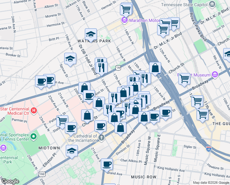 map of restaurants, bars, coffee shops, grocery stores, and more near 1700 State Street in Nashville