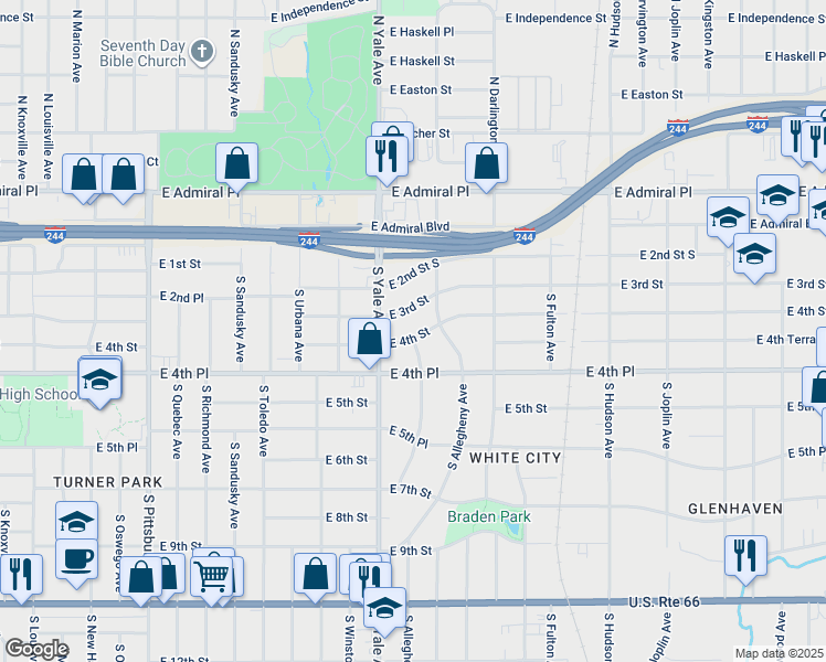 map of restaurants, bars, coffee shops, grocery stores, and more near 4929 East 4th Street in Tulsa