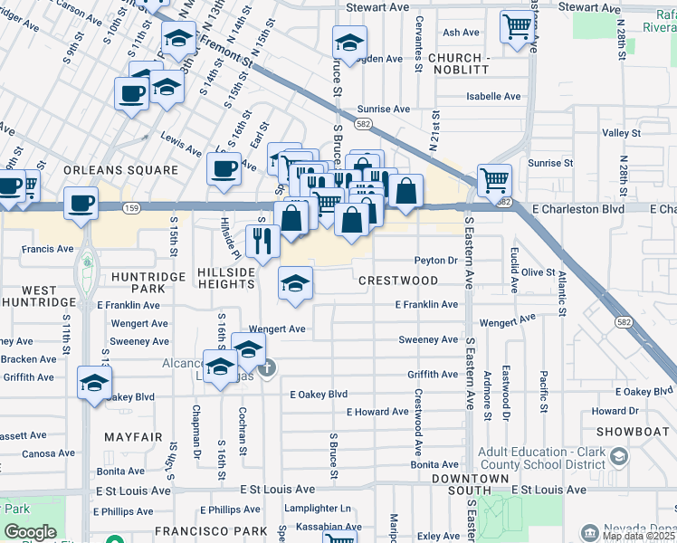 map of restaurants, bars, coffee shops, grocery stores, and more near 235 Burnham Avenue in Las Vegas