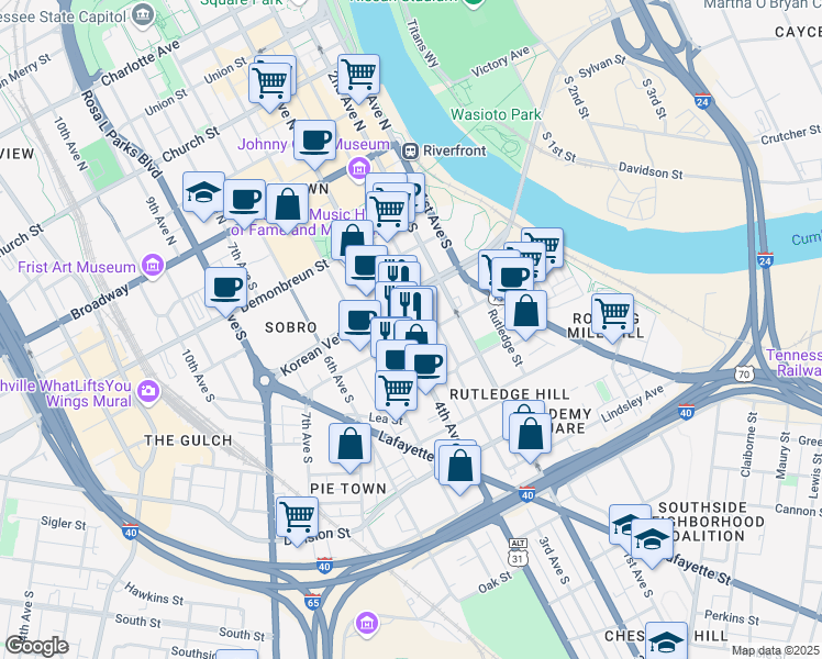 map of restaurants, bars, coffee shops, grocery stores, and more near 379 Peabody Street in Nashville