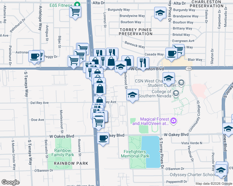 map of restaurants, bars, coffee shops, grocery stores, and more near 6750 Del Rey Avenue in Las Vegas