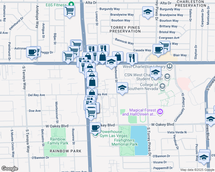 map of restaurants, bars, coffee shops, grocery stores, and more near 6750 Del Rey Avenue in Las Vegas