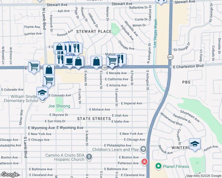 map of restaurants, bars, coffee shops, grocery stores, and more near 4755 East Colorado Avenue in Las Vegas