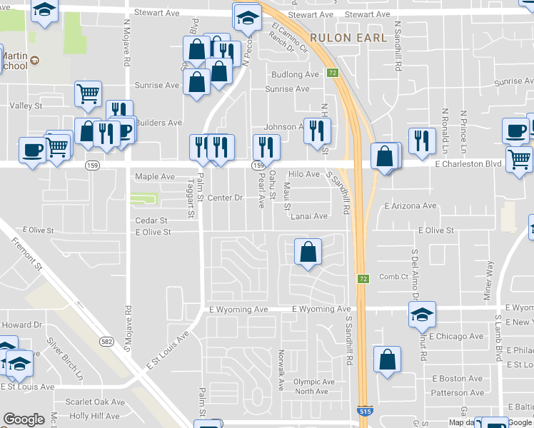 map of restaurants, bars, coffee shops, grocery stores, and more near 1414 Oahu Street in Las Vegas