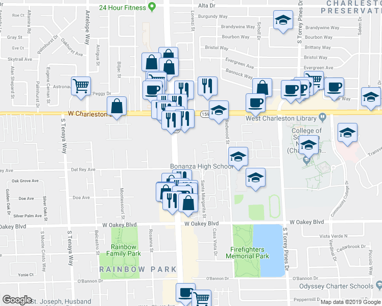 map of restaurants, bars, coffee shops, grocery stores, and more near 1324 Kari Lee Court in Las Vegas