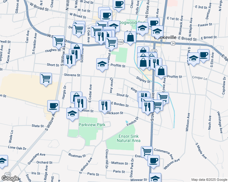 map of restaurants, bars, coffee shops, grocery stores, and more near 49a Stout Street in Cookeville