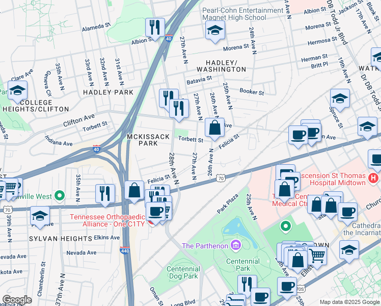 map of restaurants, bars, coffee shops, grocery stores, and more near 512 27th Avenue North in Nashville