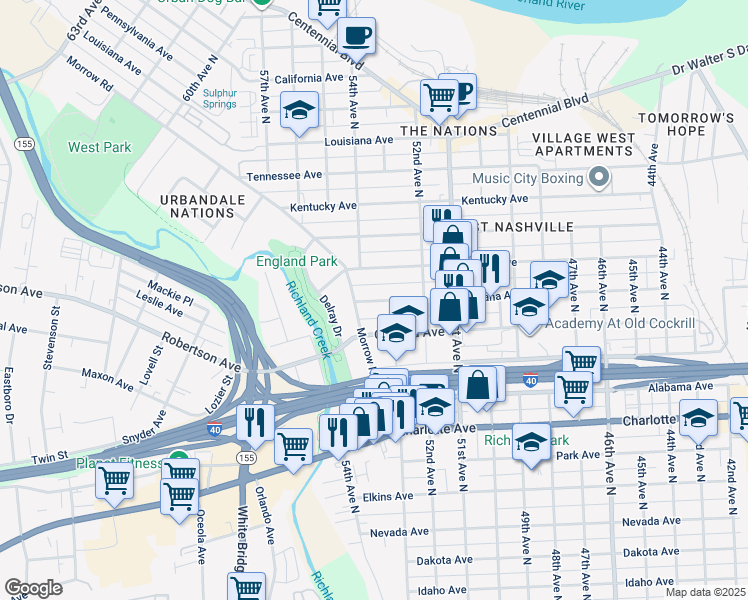 map of restaurants, bars, coffee shops, grocery stores, and more near 5319 Indiana Avenue in Nashville