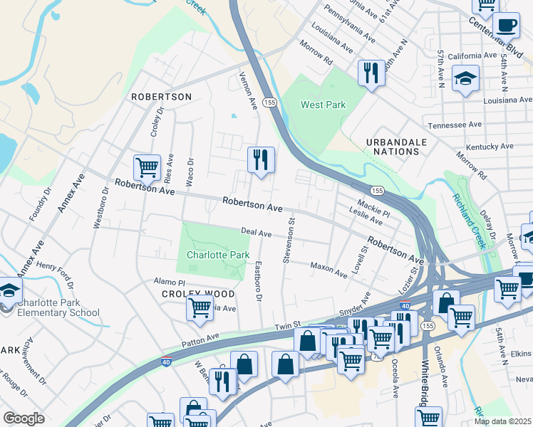 map of restaurants, bars, coffee shops, grocery stores, and more near 6012B Deal Avenue in Nashville
