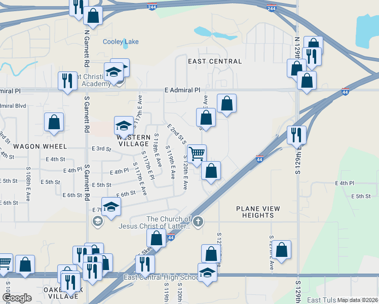 map of restaurants, bars, coffee shops, grocery stores, and more near 231 South 120th East Avenue in Tulsa