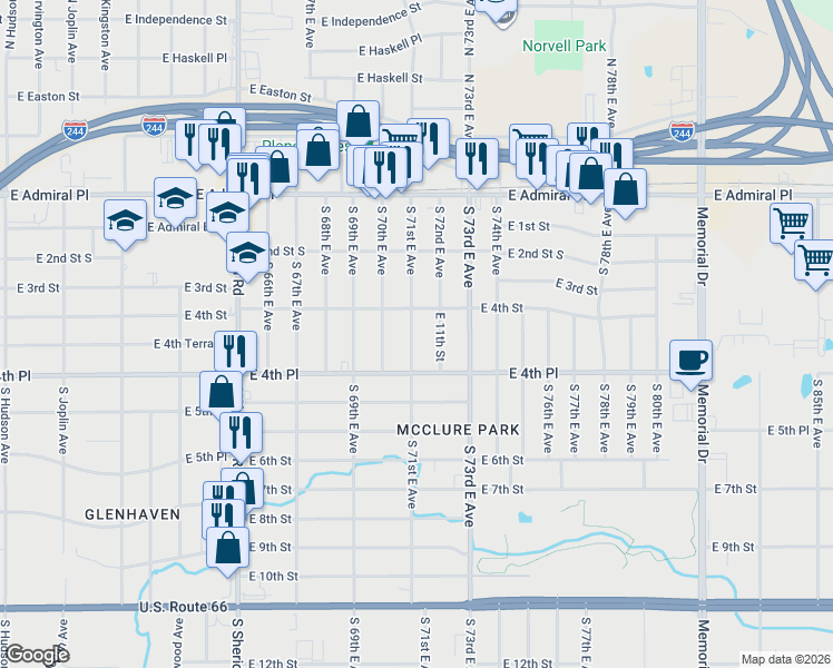 map of restaurants, bars, coffee shops, grocery stores, and more near 438 South 71st East Avenue in Tulsa