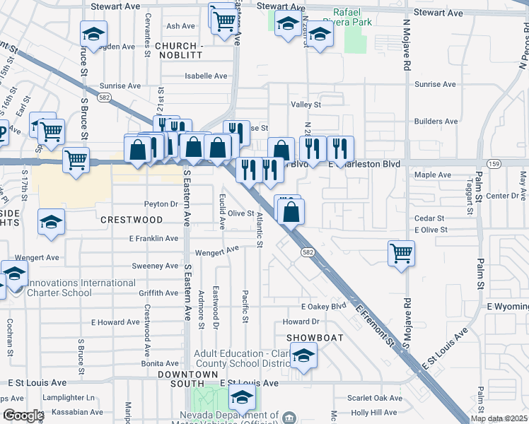 map of restaurants, bars, coffee shops, grocery stores, and more near 1220 Atlantic Street in Las Vegas