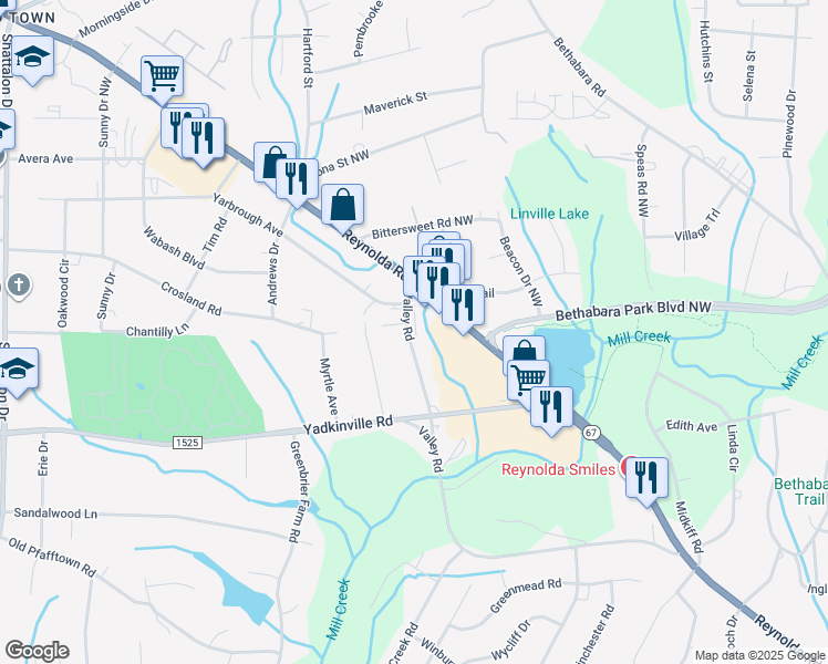 map of restaurants, bars, coffee shops, grocery stores, and more near 3432 Valley Road in Winston-Salem