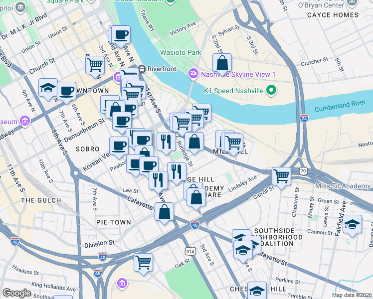 map of restaurants, bars, coffee shops, grocery stores, and more near 20 Rutledge Street in Nashville