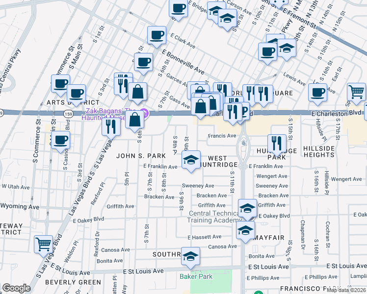map of restaurants, bars, coffee shops, grocery stores, and more near 1244 South 9th Street in Las Vegas
