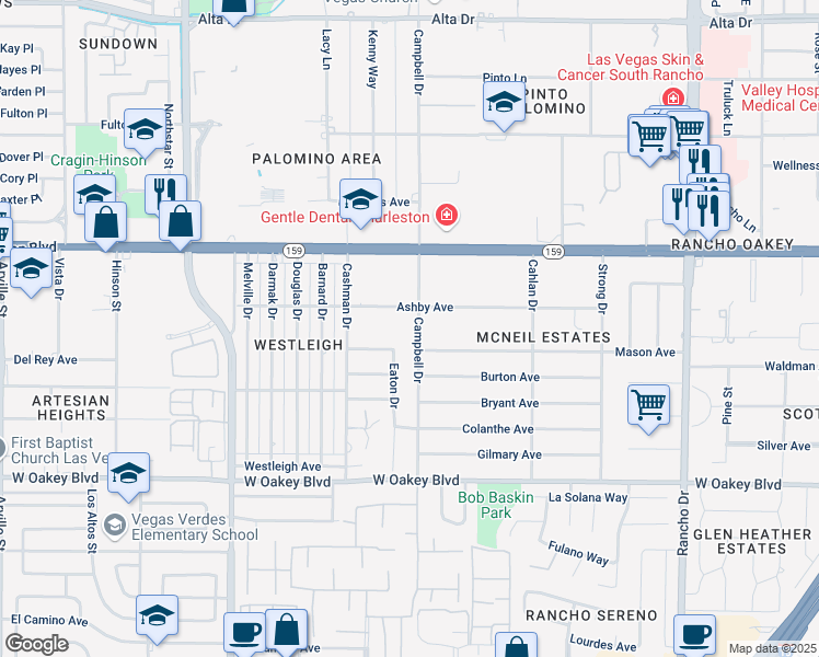 map of restaurants, bars, coffee shops, grocery stores, and more near 1234 Campbell Drive in Las Vegas