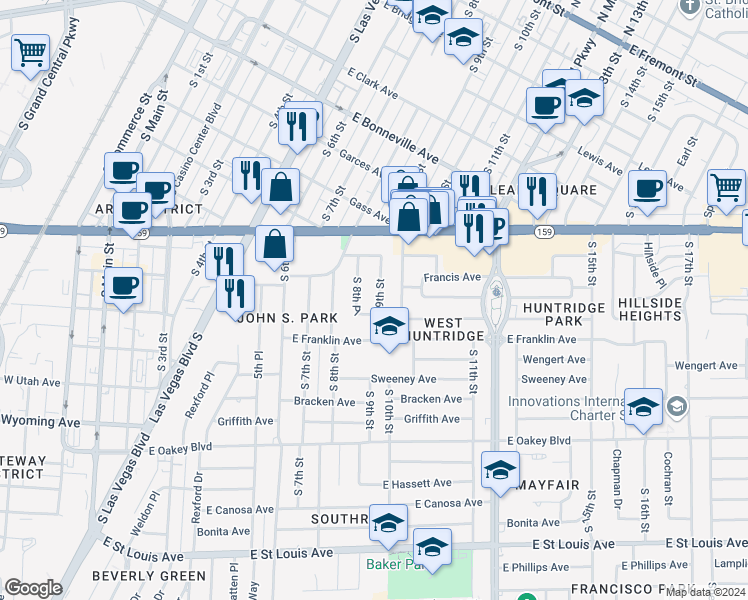 map of restaurants, bars, coffee shops, grocery stores, and more near 1244 South 9th Street in Las Vegas