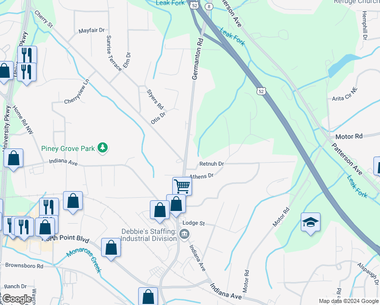 map of restaurants, bars, coffee shops, grocery stores, and more near 4733 Germanton Road in Winston-Salem