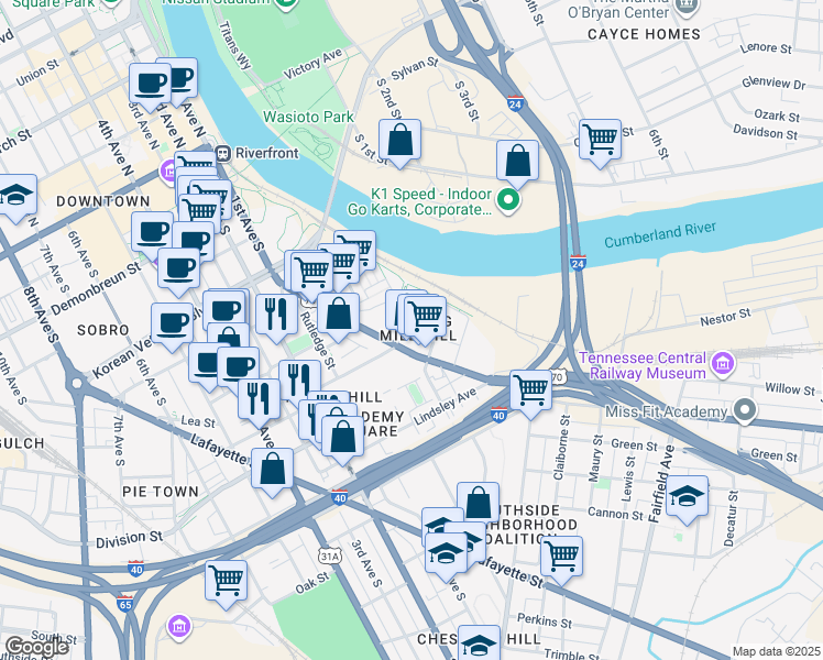 map of restaurants, bars, coffee shops, grocery stores, and more near 115 Middleton Street in Nashville