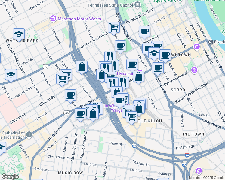 map of restaurants, bars, coffee shops, grocery stores, and more near Broadway in Nashville