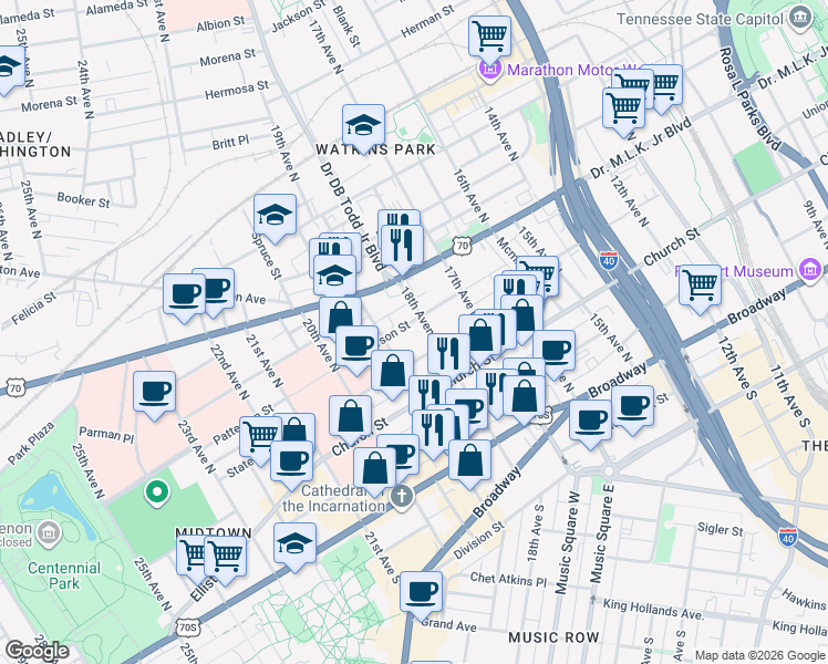 map of restaurants, bars, coffee shops, grocery stores, and more near 1801 Patterson Street in Nashville